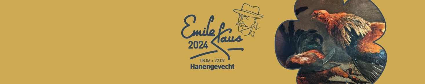Banner met deel schilderij 'Hanengevecht' Emile Claus op.
